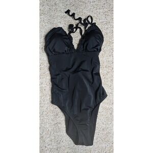 Black Halter Neck‎ One Piece Swimsuit Ruffle Trim Lace Up Back Bathing Suit
